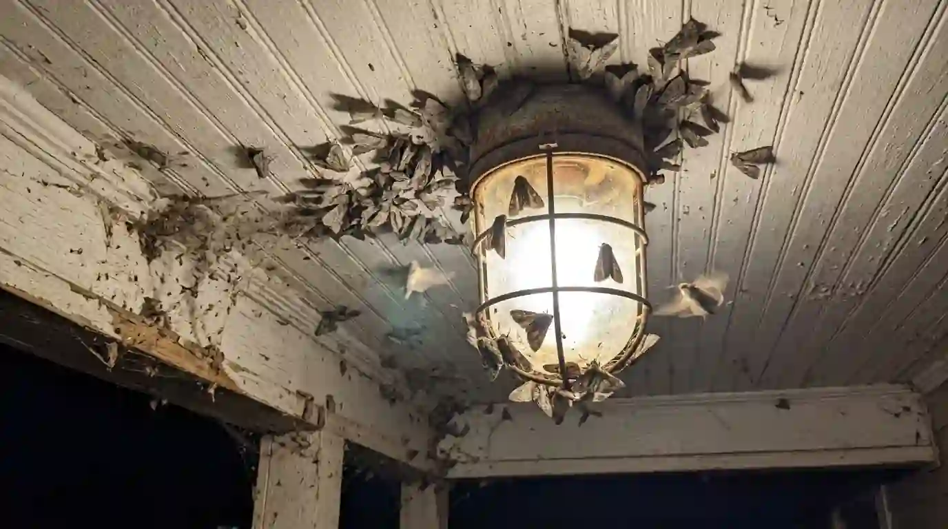 Dozens of miller moths on a porch ceiling around a light fixture at night
