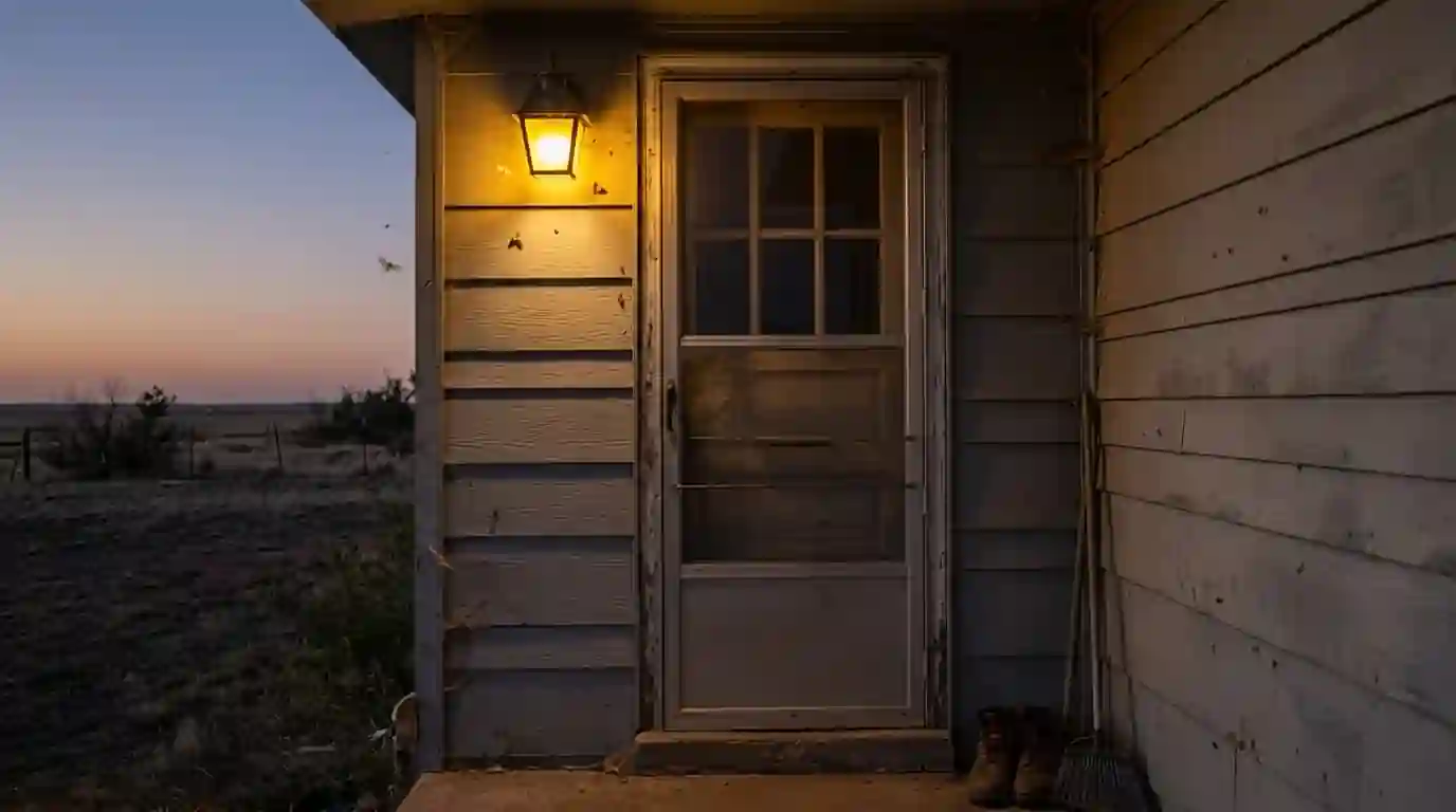 Yellow bug light bulb over a back door at dusk with a few insects