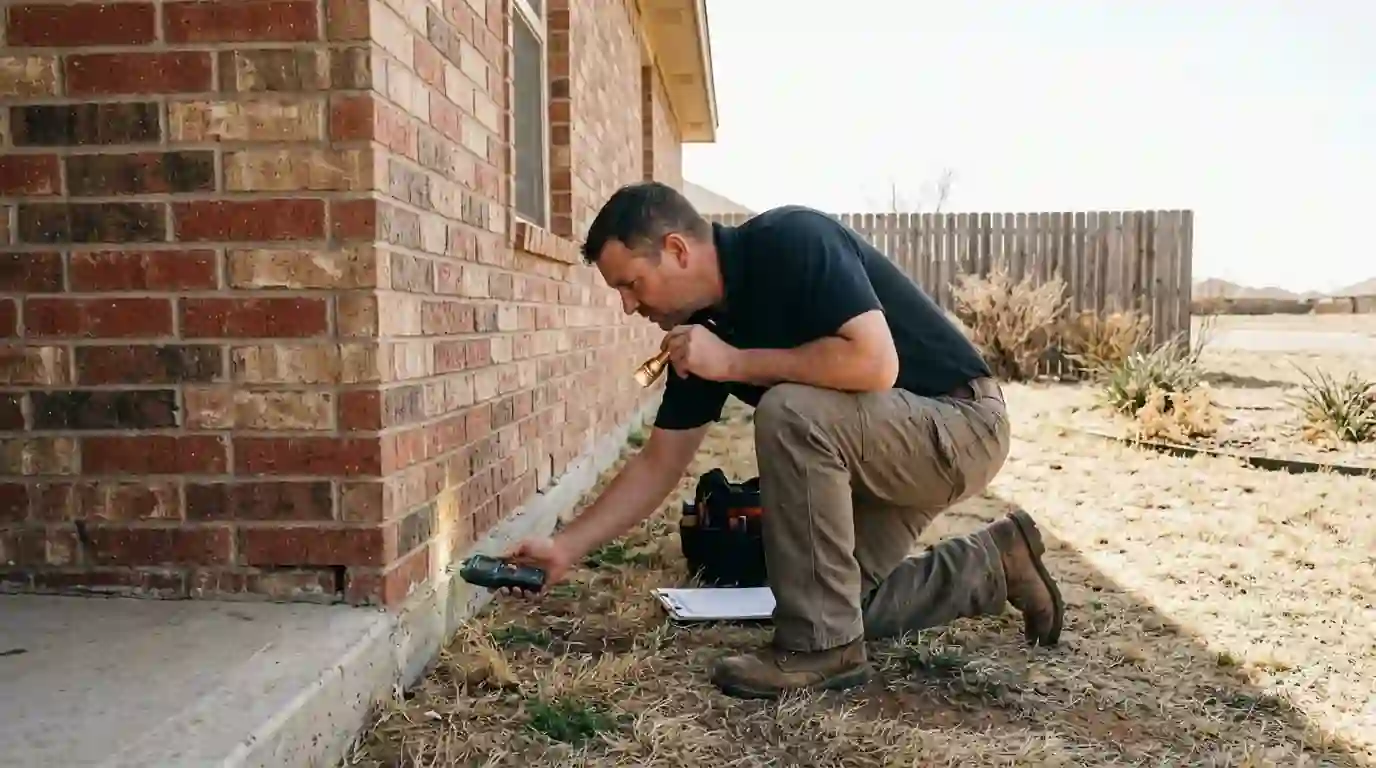 Inspector checking a slab edge and brick weep line with a flashlight and moisture meter during a home sale inspection
