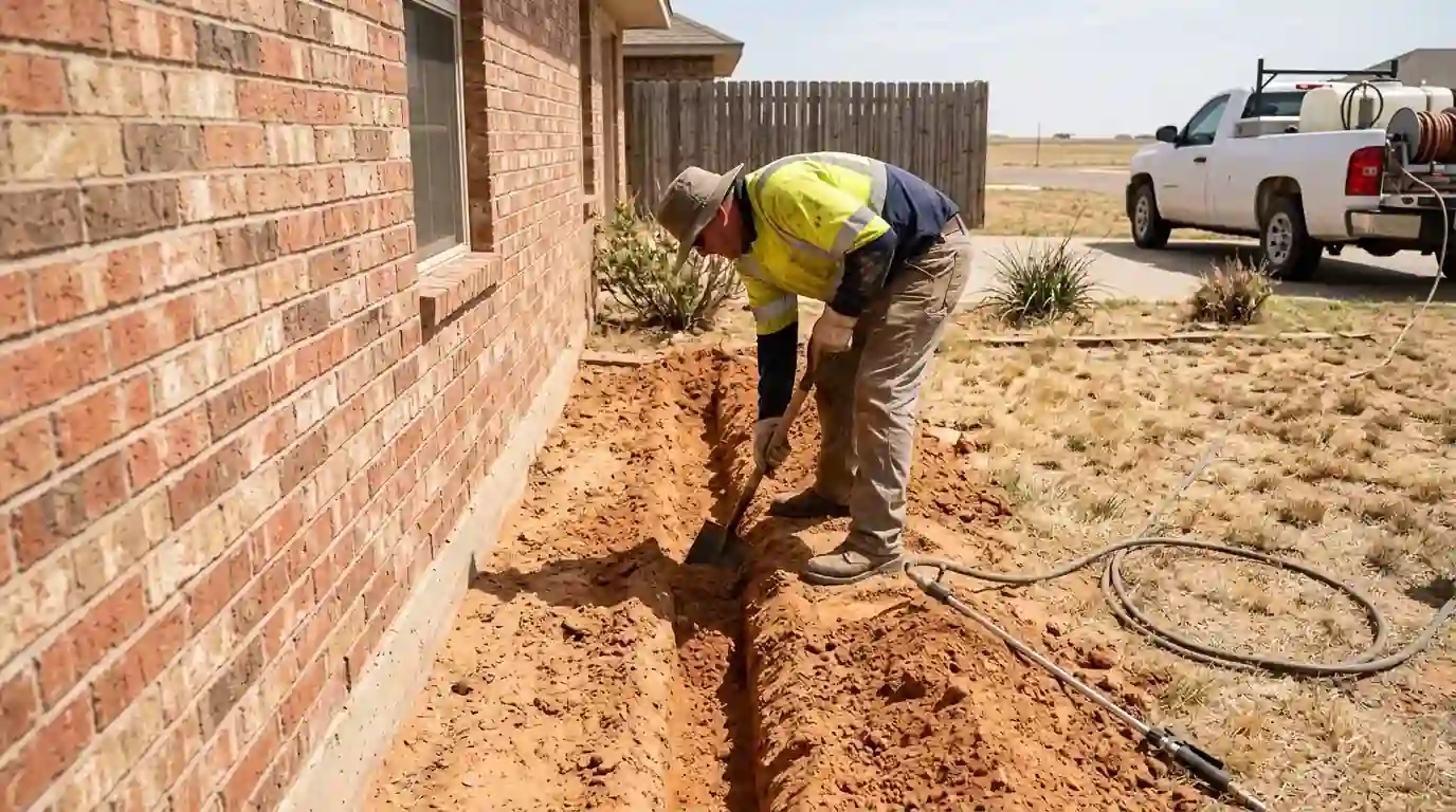 Technician trenching soil along a brick foundation to apply liquid termite treatment