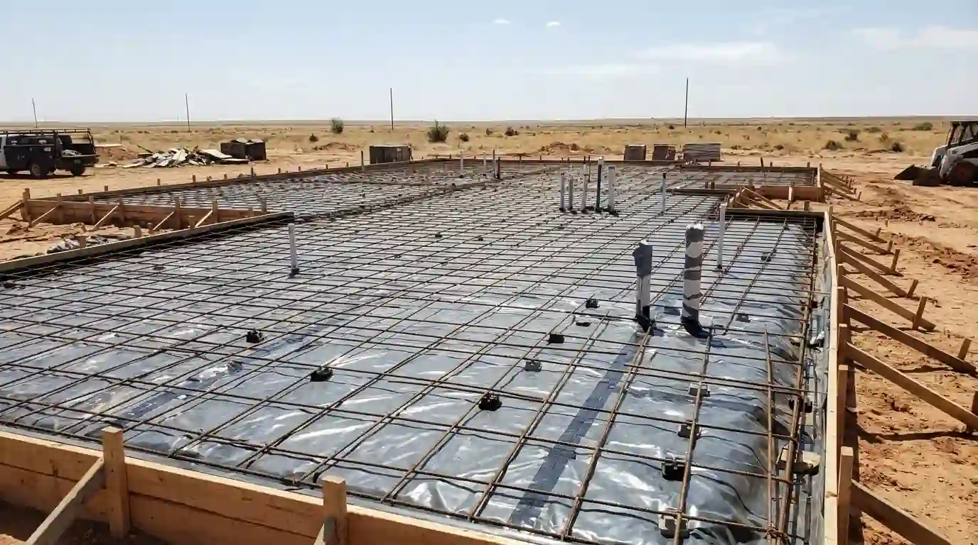 Vapor barrier and rebar ready on a new construction slab site in the Texas Panhandle