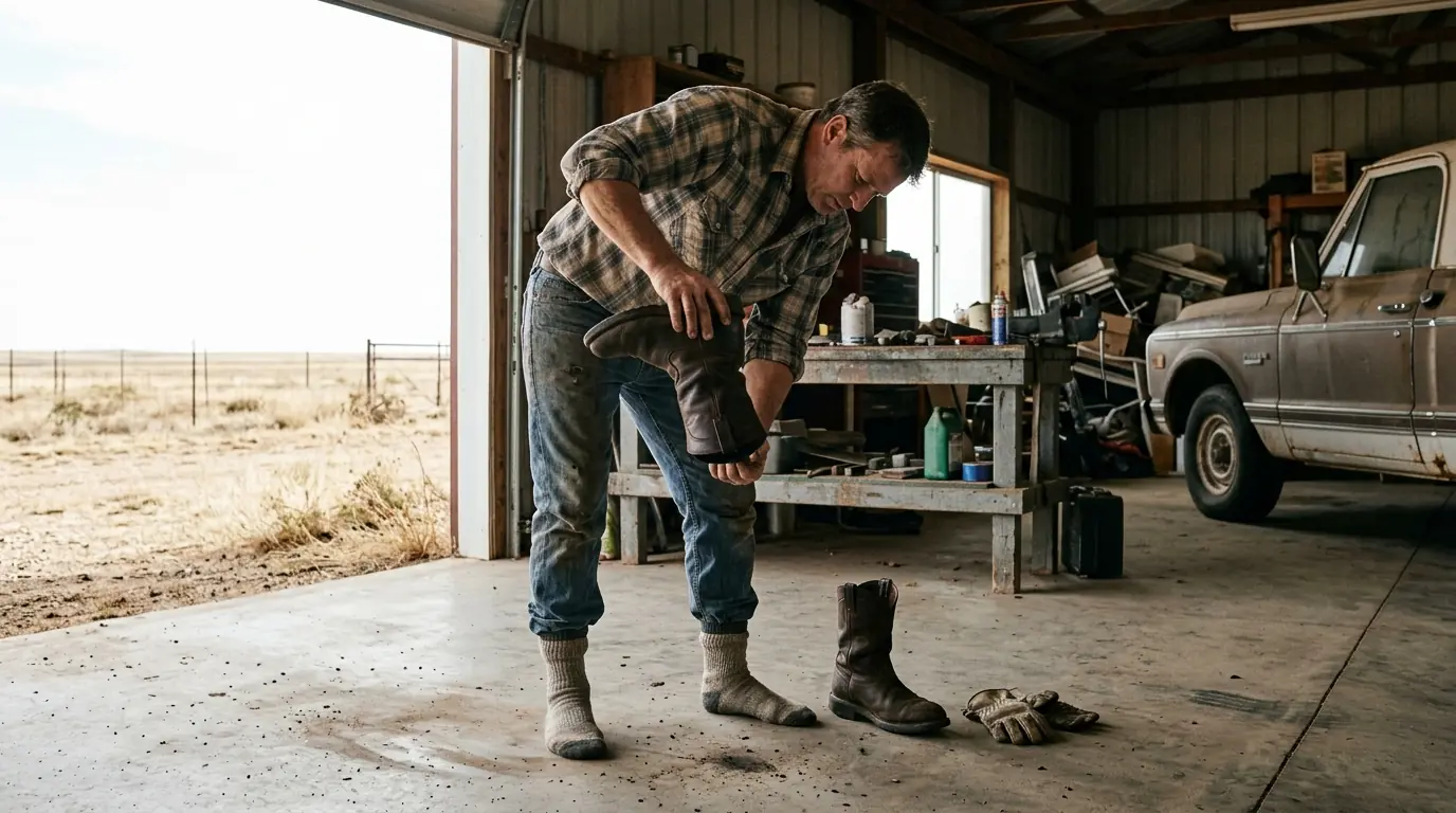 Homeowner shaking out a boot in a garage before putting it on