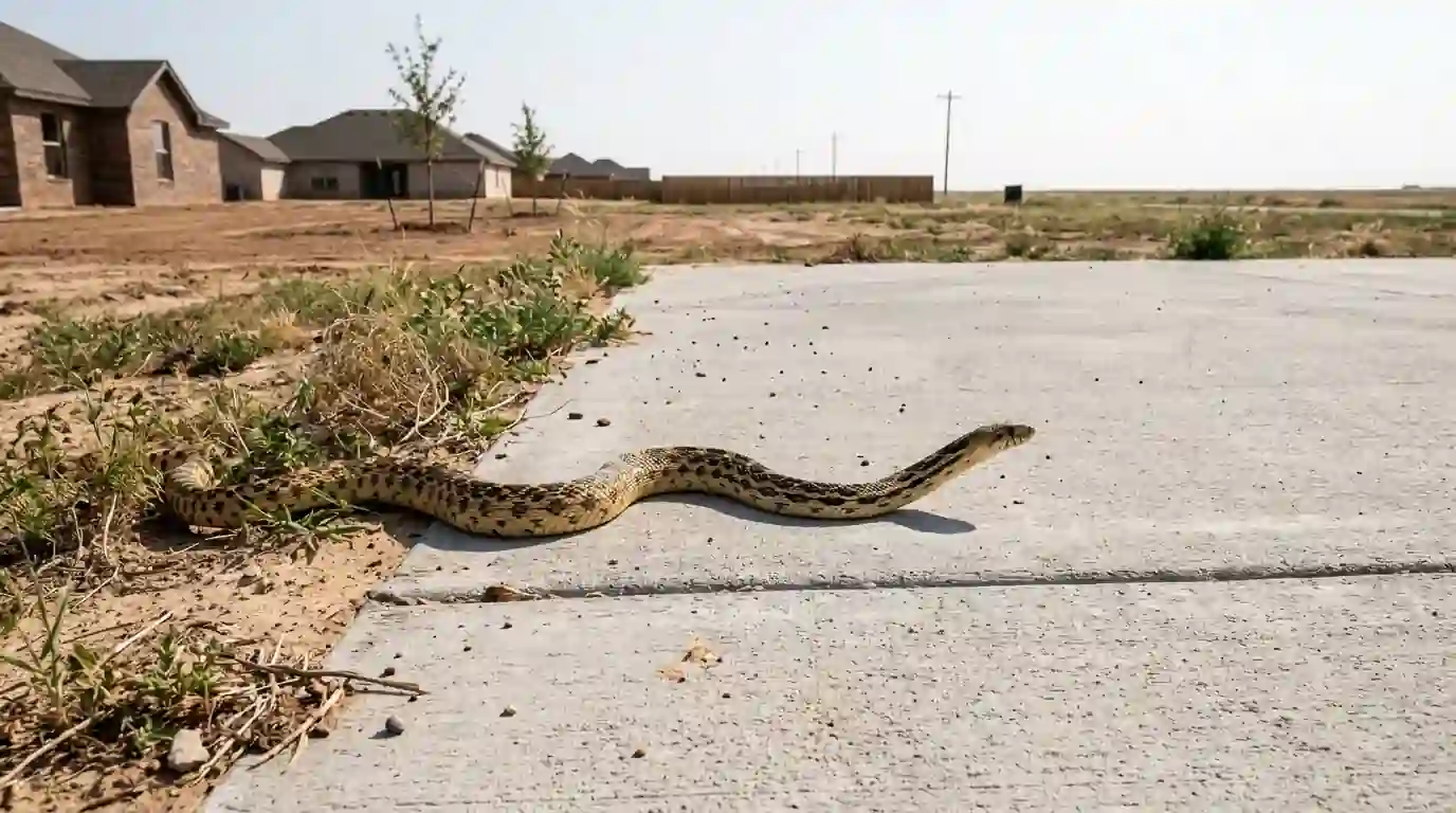 Bullsnake crossing a concrete driveway at the edge of a new Panhandle subdivision