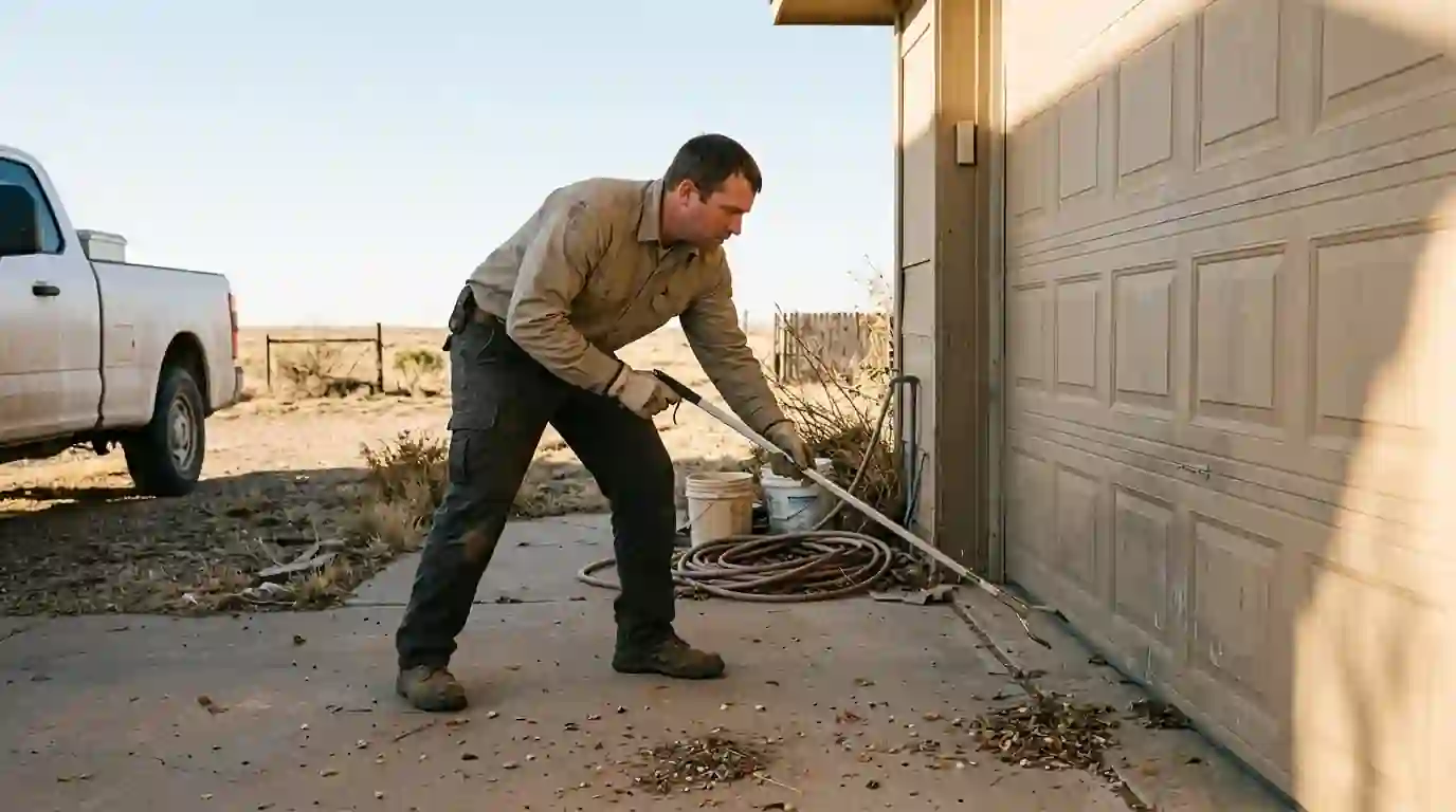 Technician with a snake hook and tongs near a garage door