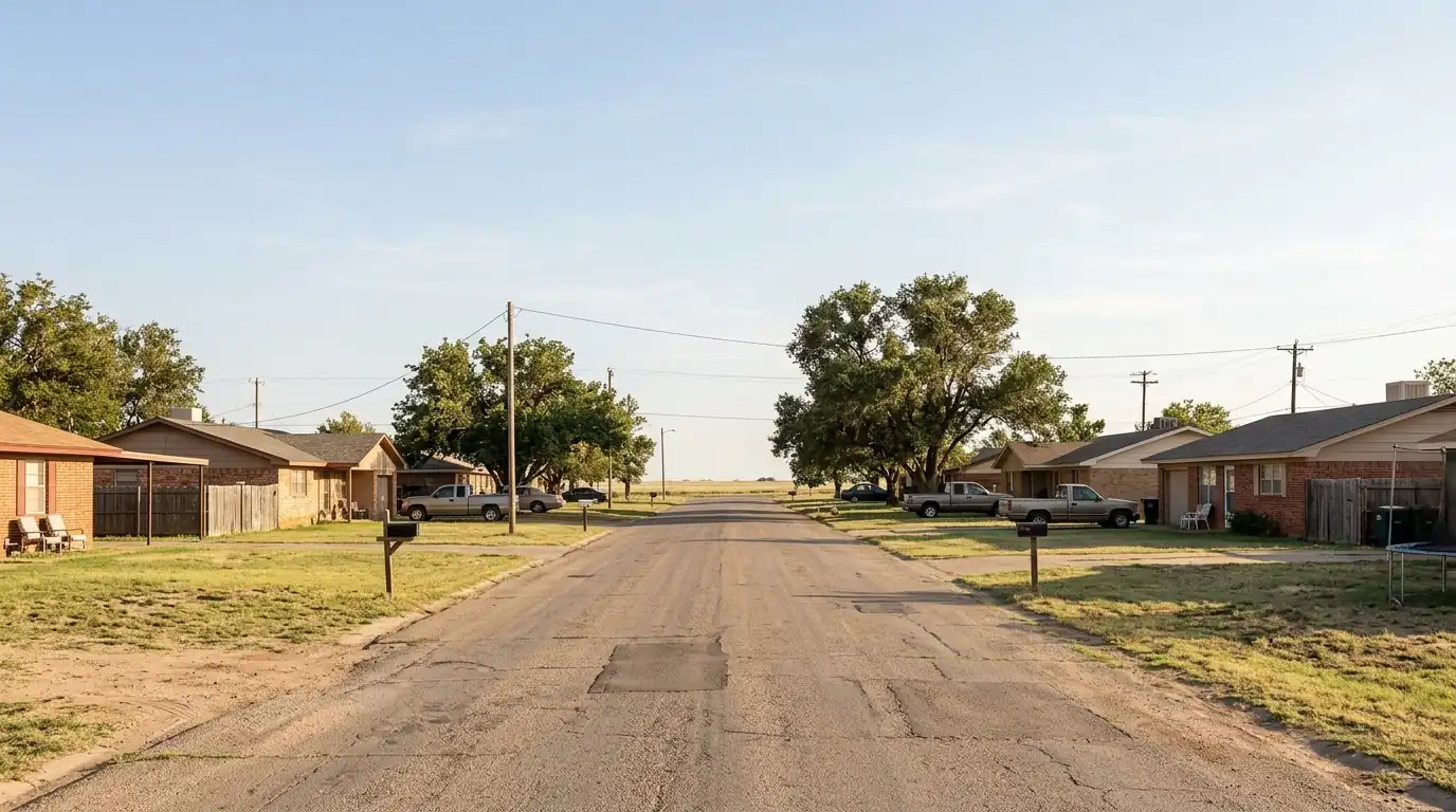 Residential street in Cactus Texas with brick and frame homes