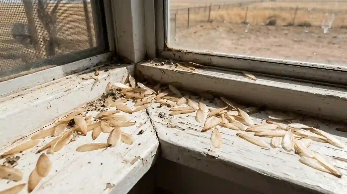 Discarded termite swarmer wings on a white windowsill