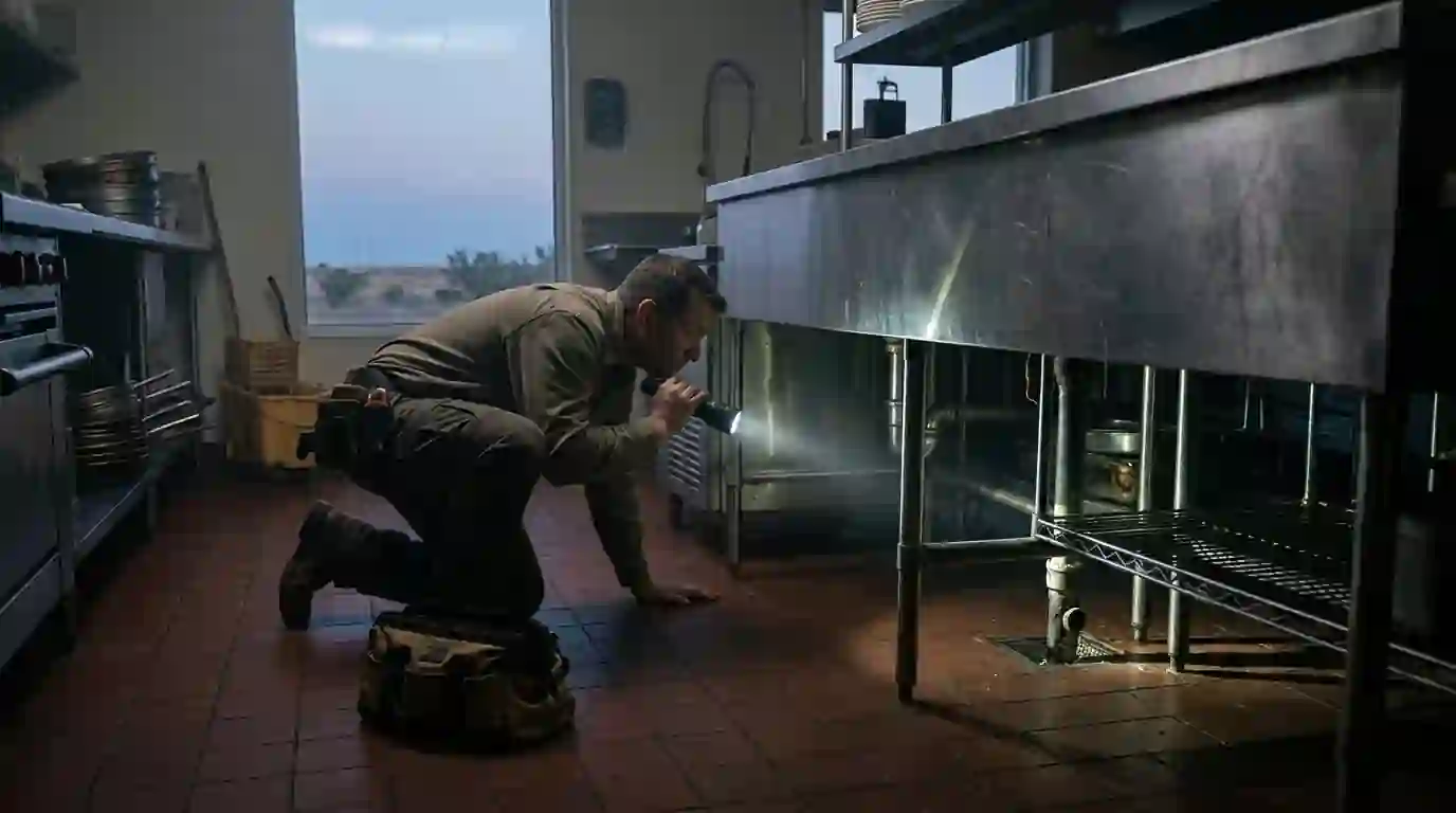 Technician with a flashlight inspecting under a stainless steel prep table in a restaurant kitchen after closing