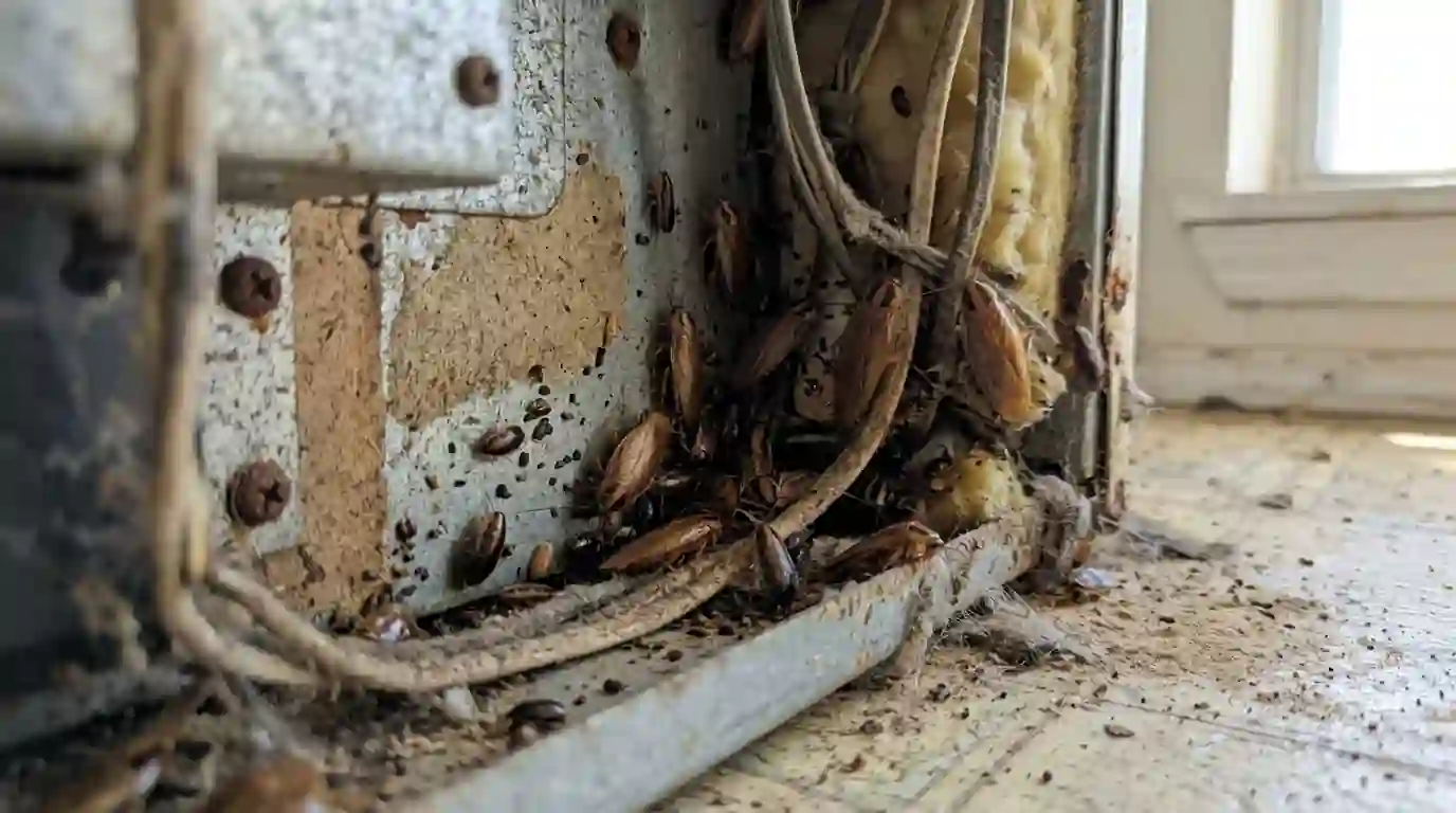 German cockroaches clustered behind a refrigerator panel, close view