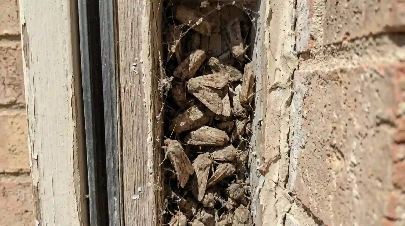 Miller moths resting in the gap around a garage door frame in spring