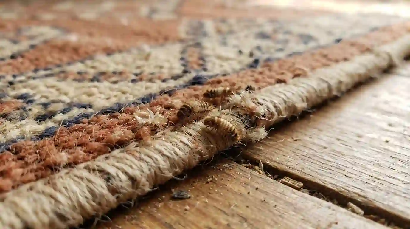Carpet beetle larvae on the edge of a wool rug, close view
