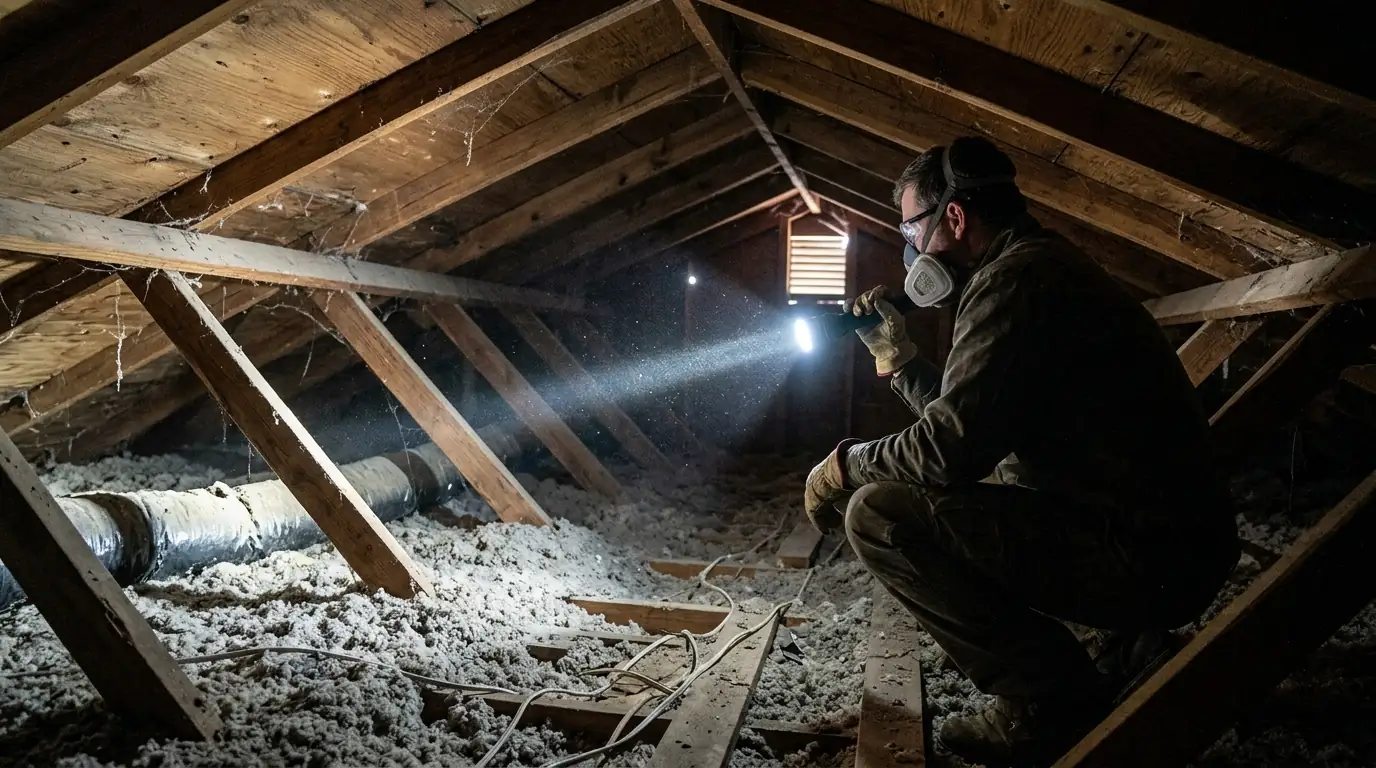 Technician shining a flashlight across attic rafters in an Amarillo brick home
