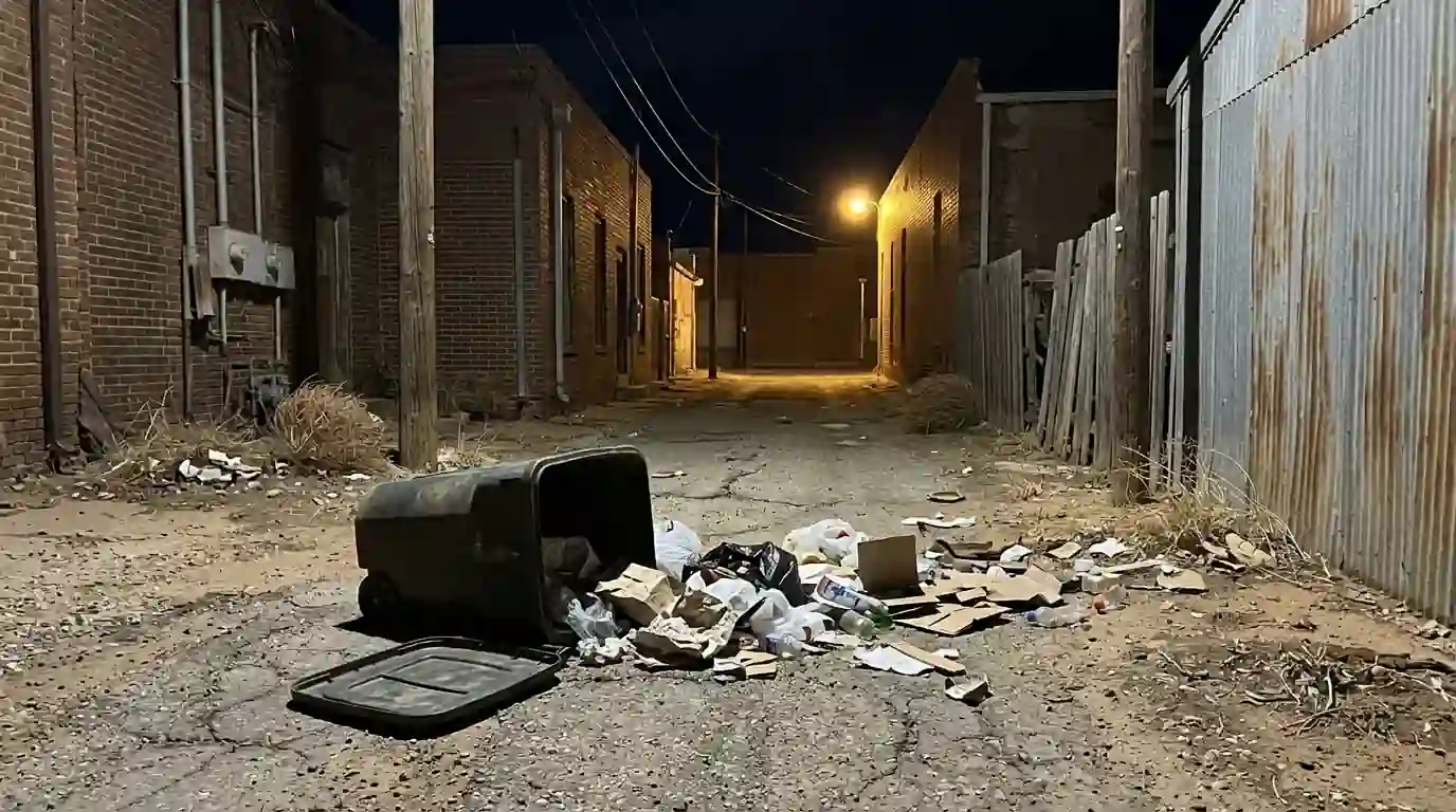Overturned trash can and scattered garbage in an alley at night