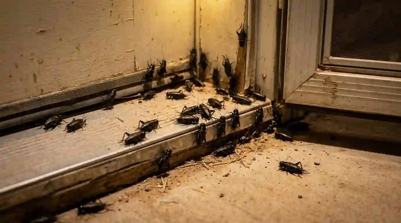 Black field crickets gathered at a doorway threshold at night