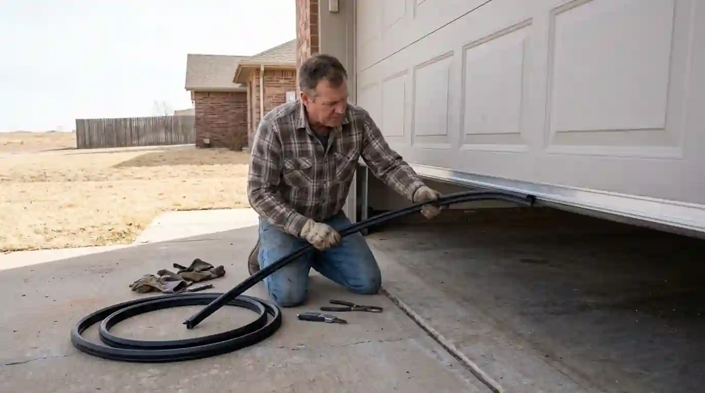 New rubber garage door bottom seal being installed on a home garage
