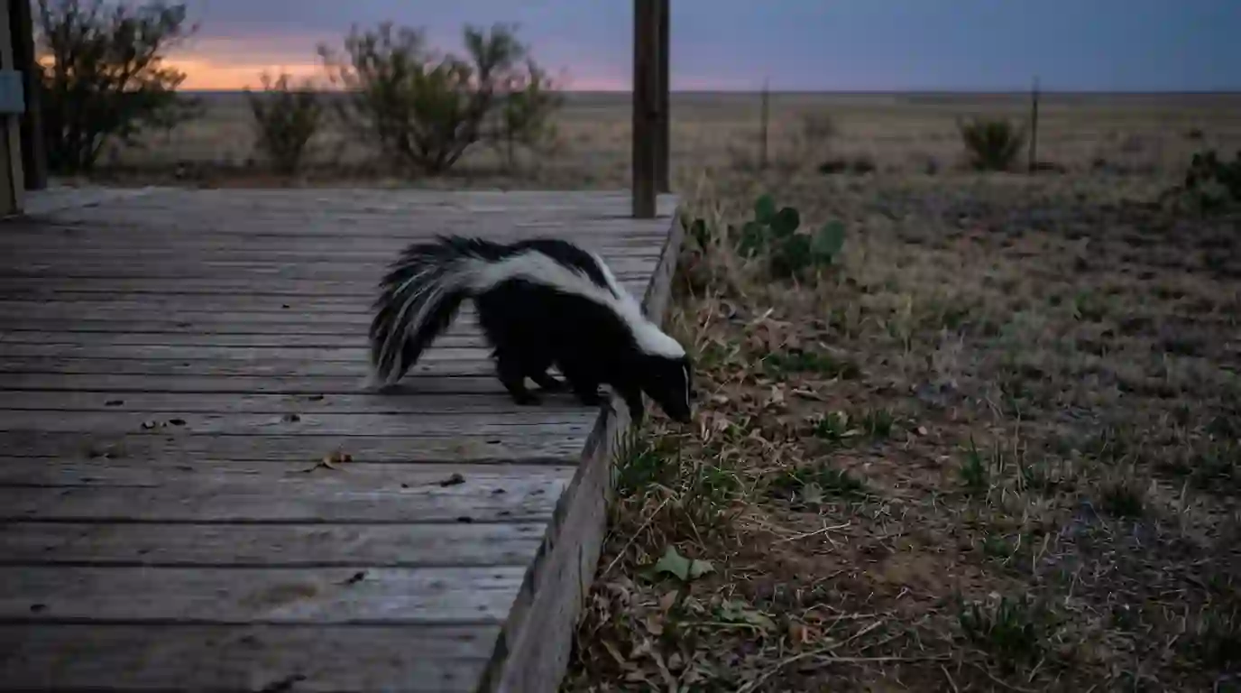 Striped skunk at the edge of a wooden deck at dusk