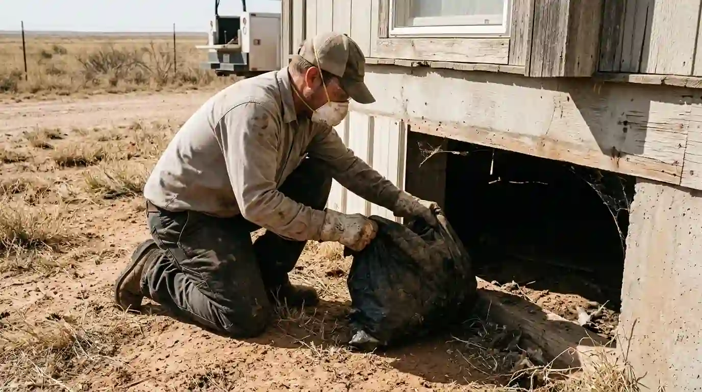 Technician wearing gloves and a mask removing a carcass from a crawlspace opening