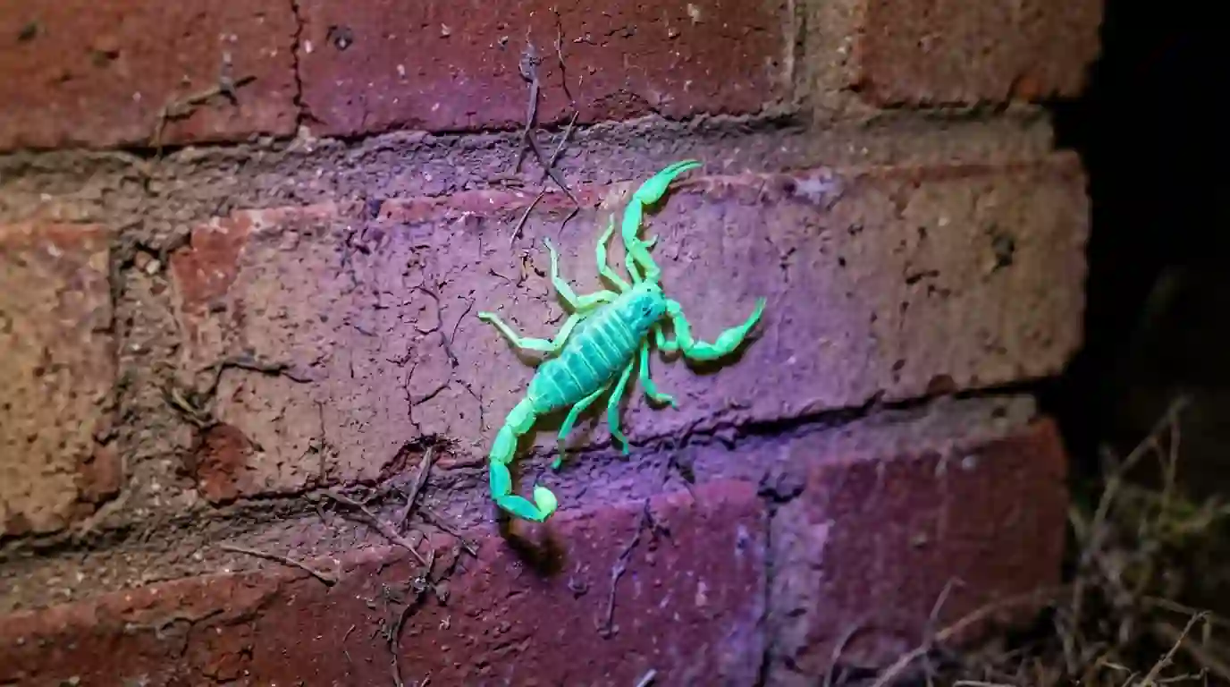 Striped bark scorpion glowing under ultraviolet light on a brick wall