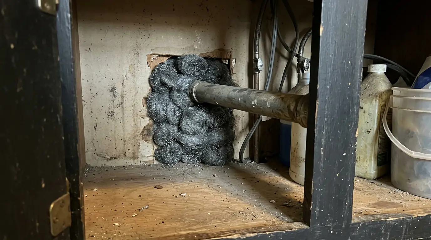 Steel wool and sealant packed around a pipe entry under a sink