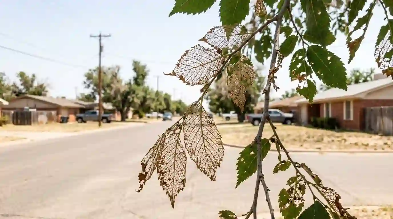 Siberian elm leaves skeletonized by elm leaf beetle larvae on a tree-lined Amarillo street