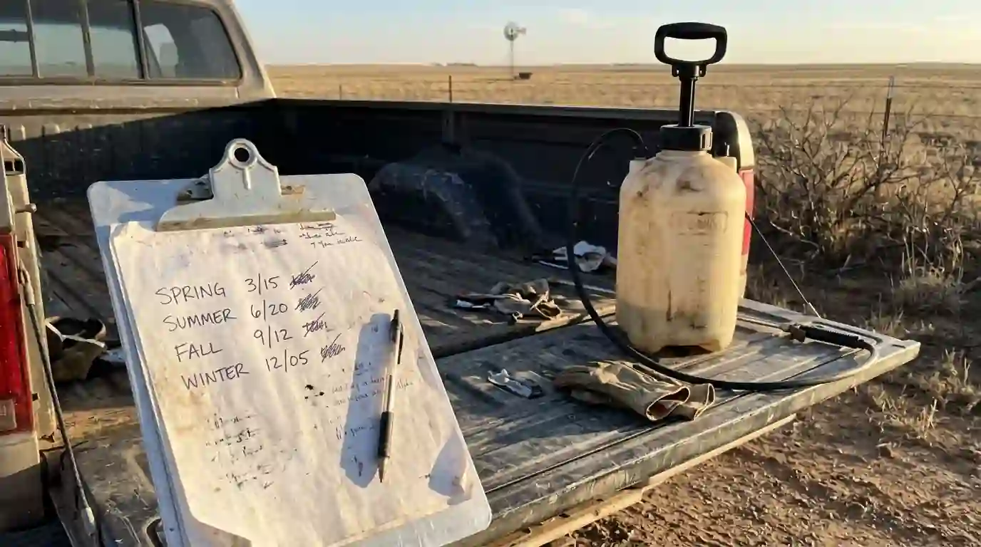 Service clipboard with four seasonal visit dates beside a sprayer on a tailgate