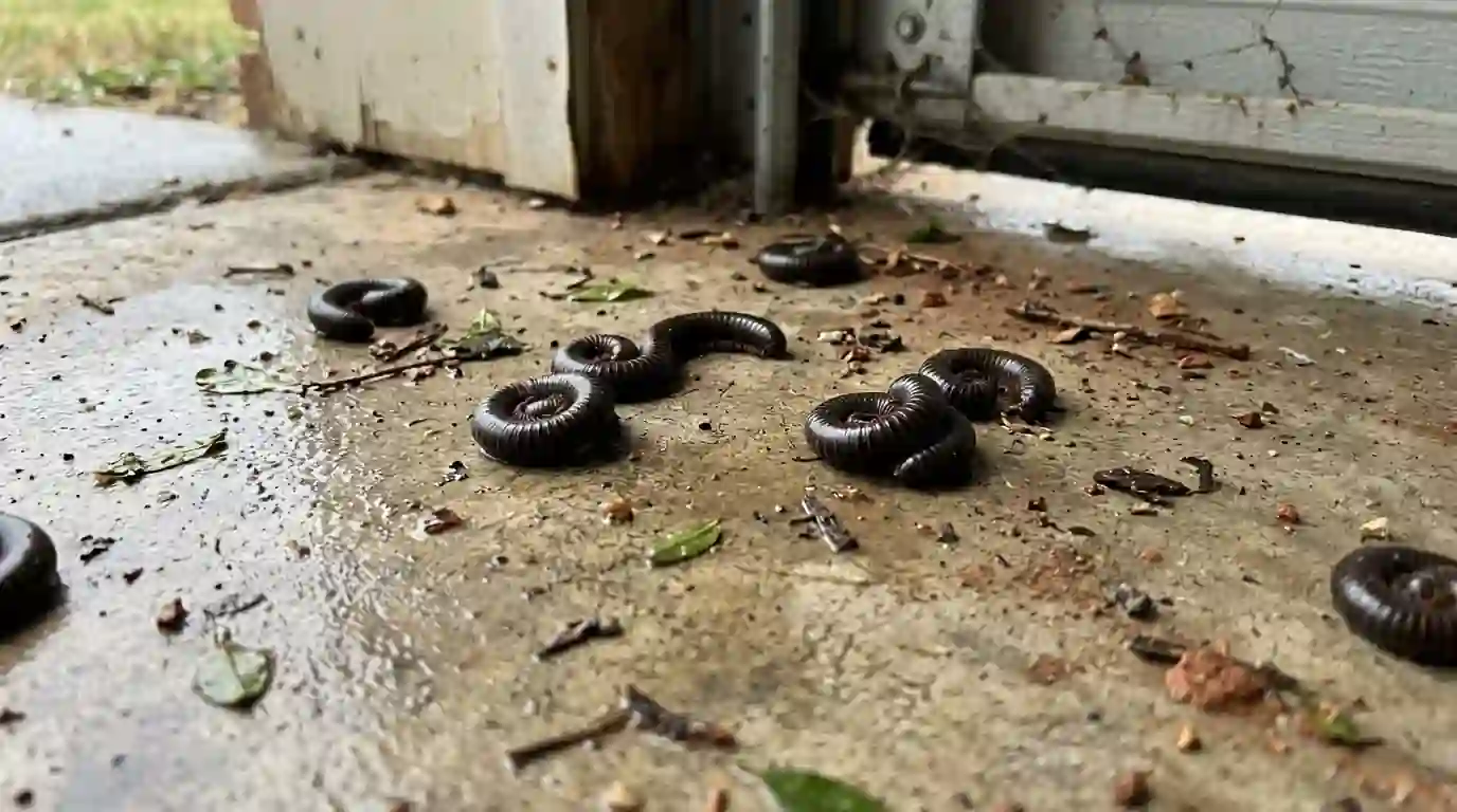 Millipedes curled on a garage floor after heavy rain