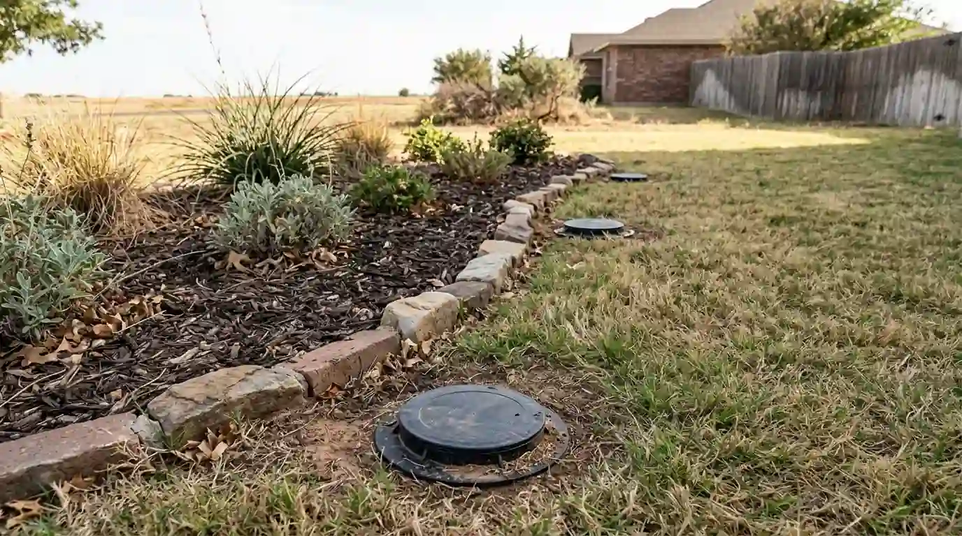 Row of in-ground termite monitoring stations along a flower bed edge