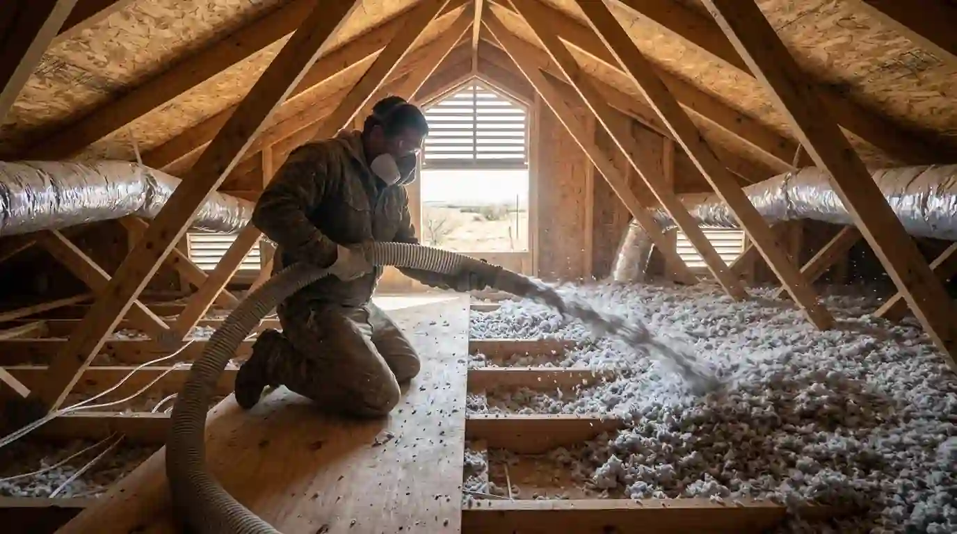 Fresh blown-in insulation being added between attic joists by a technician