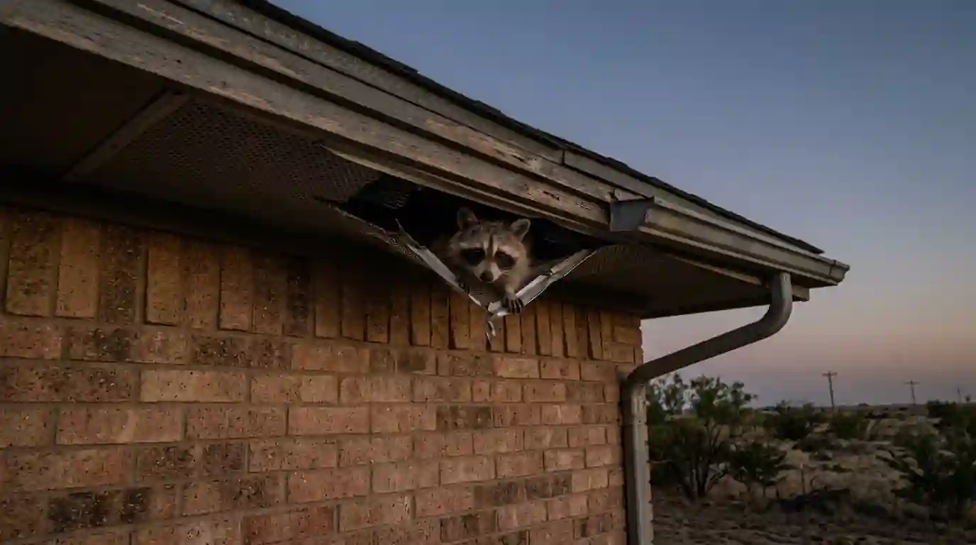 Raccoon peering out from a torn soffit vent on a brick home at dusk