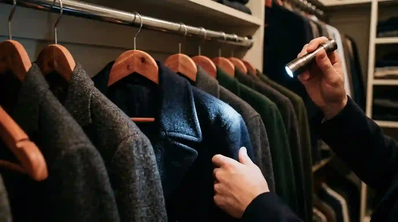 Closet with wool coats and cedar hangers being inspected with a flashlight