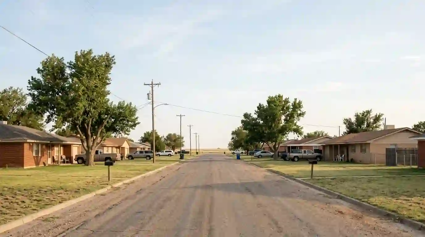 Residential street in Sunray Texas with brick and frame homes