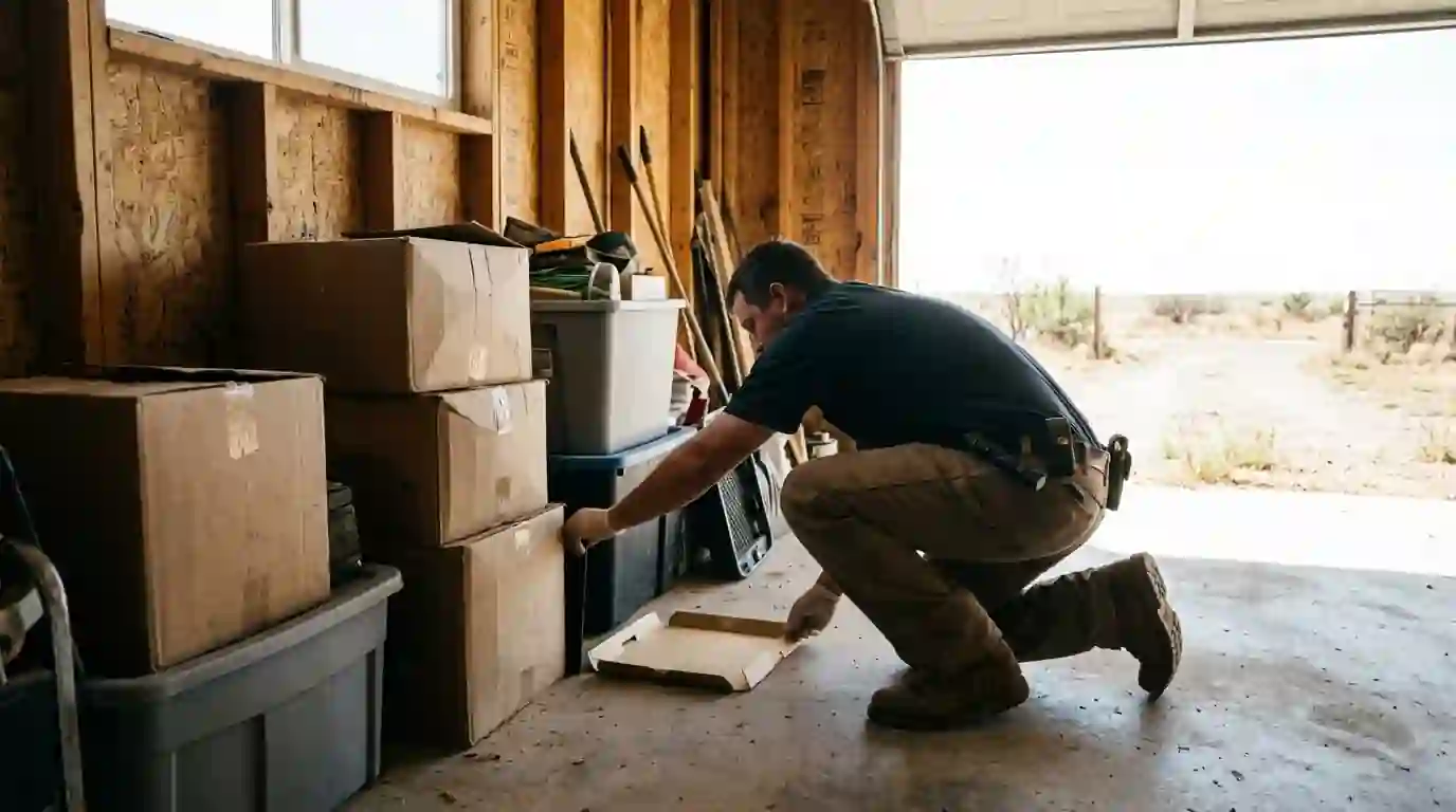 Technician placing a glue board behind stored boxes in a garage