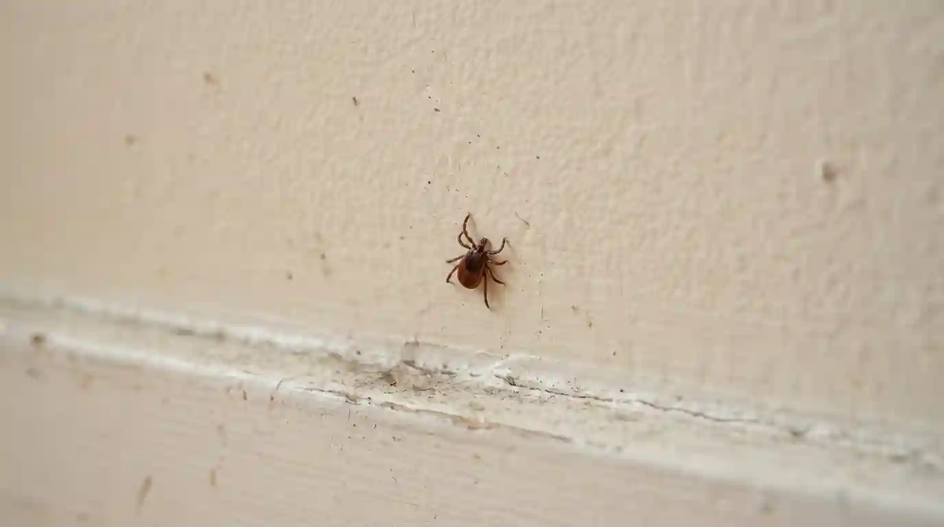 Brown dog tick climbing an interior wall near a baseboard, close view