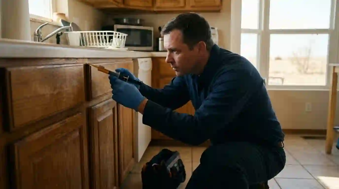Technician applying cockroach gel bait under a kitchen cabinet edge