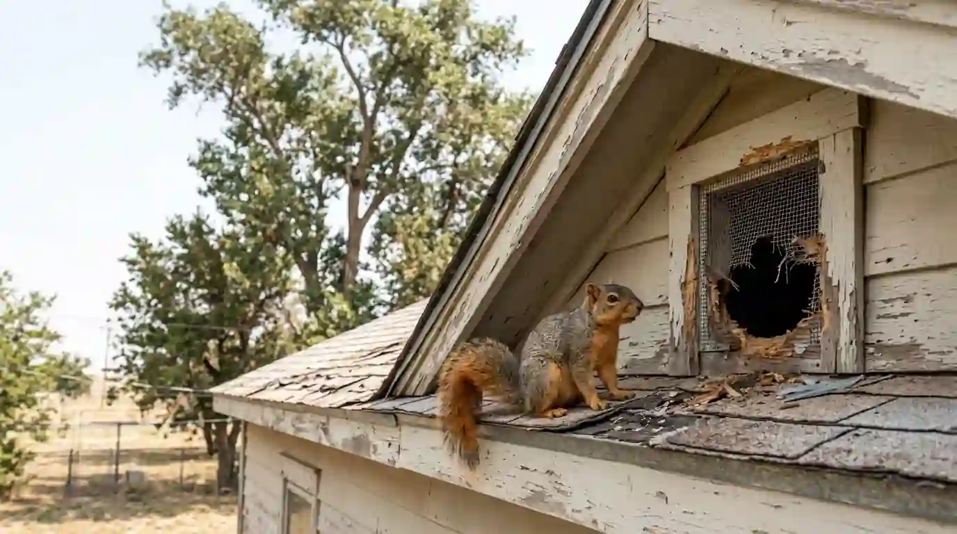 Fox squirrel on a roof edge beside a chewed attic vent on an older home with tall trees