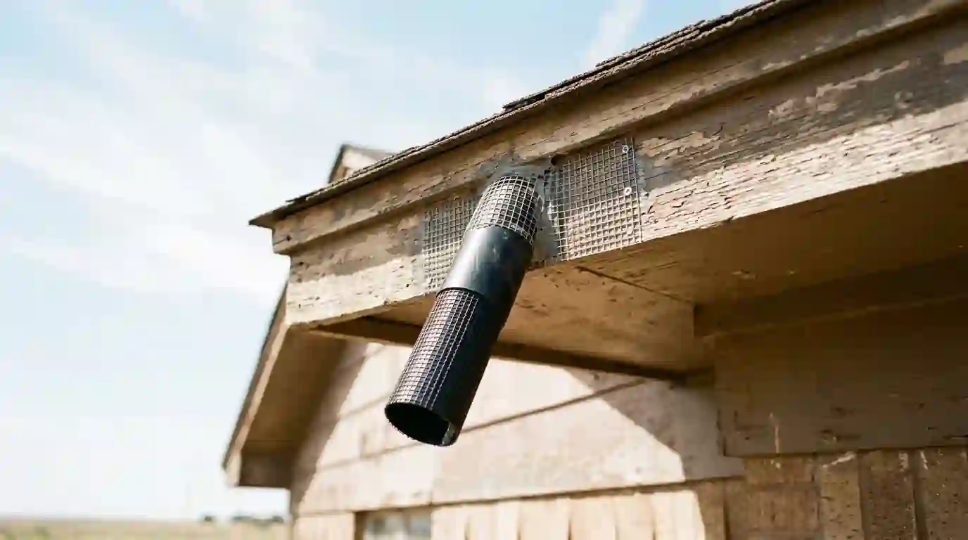 One-way bat exclusion tube installed over a roofline gap
