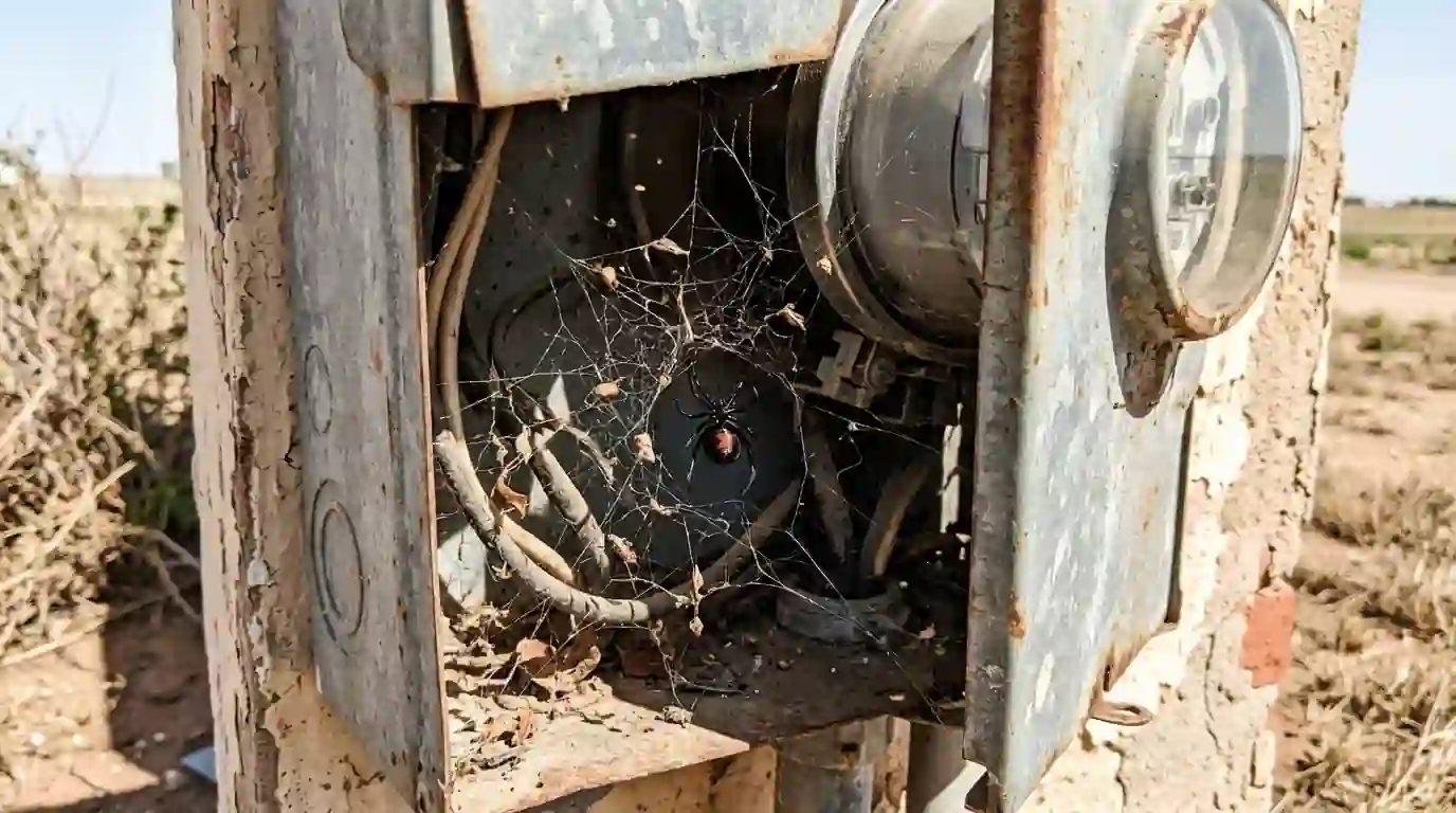 Black widow spider in a web inside an electric meter box