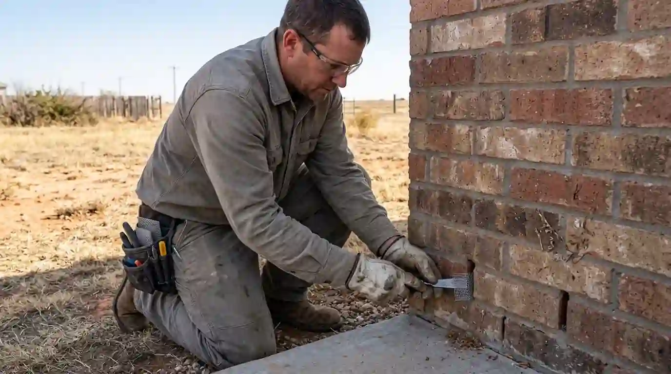 Technician fitting a stainless mesh cover over a weep hole in brick veneer
