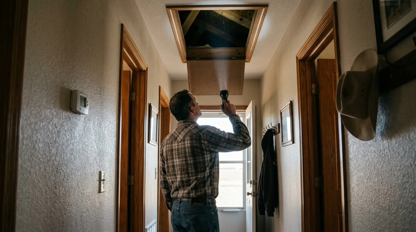 Homeowner looking up into an attic hatch with a flashlight in a hallway