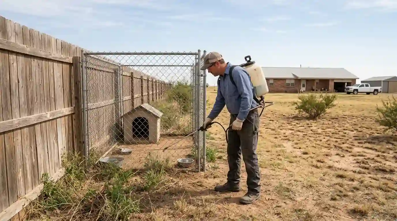 Technician treating fence line and kennel area in a backyard