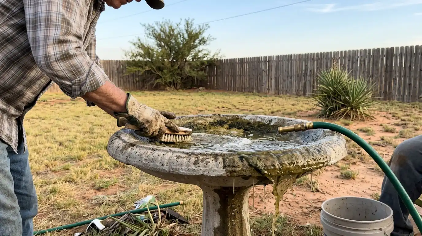 Backyard birdbath being emptied and scrubbed