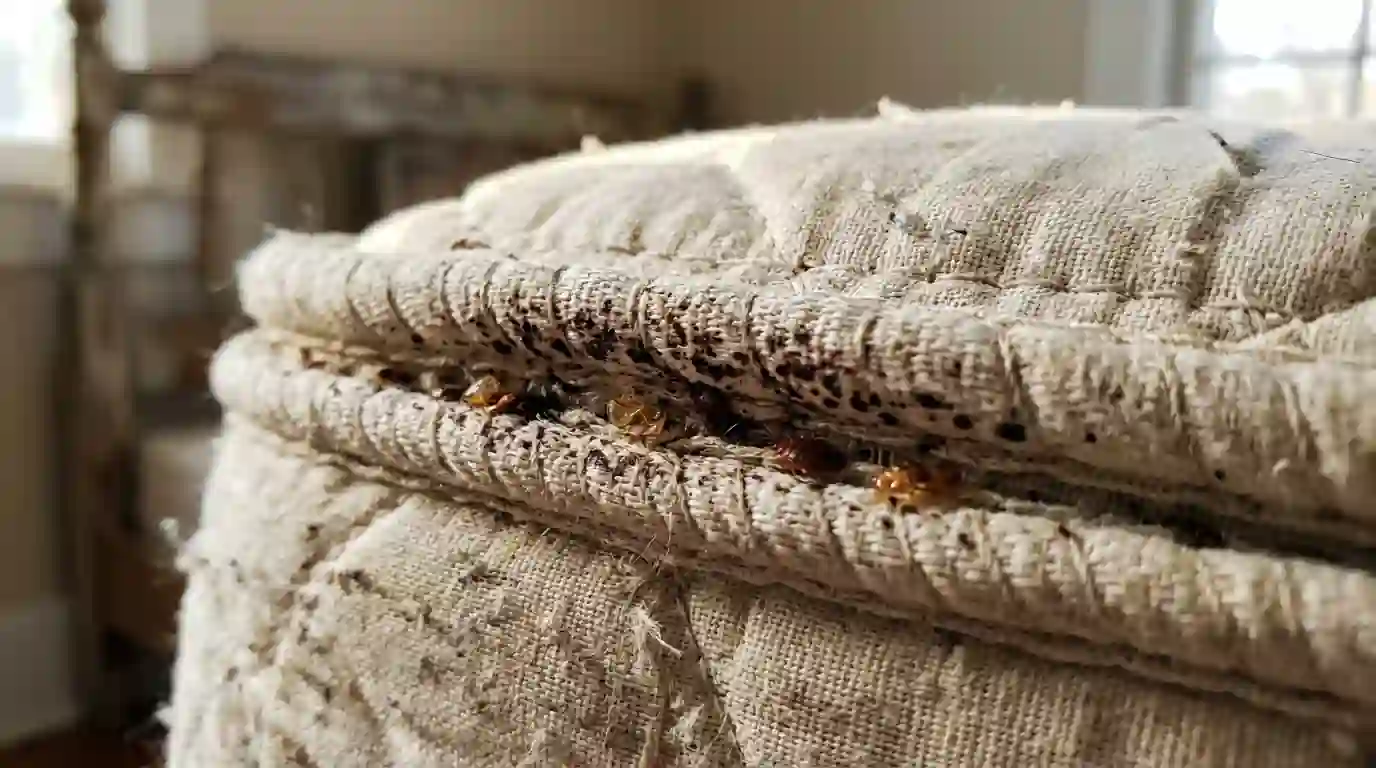Bed bugs and dark spotting along a mattress seam, close view