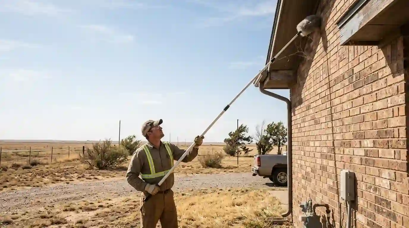 Technician sweeping cobwebs from brick eaves with a long pole duster