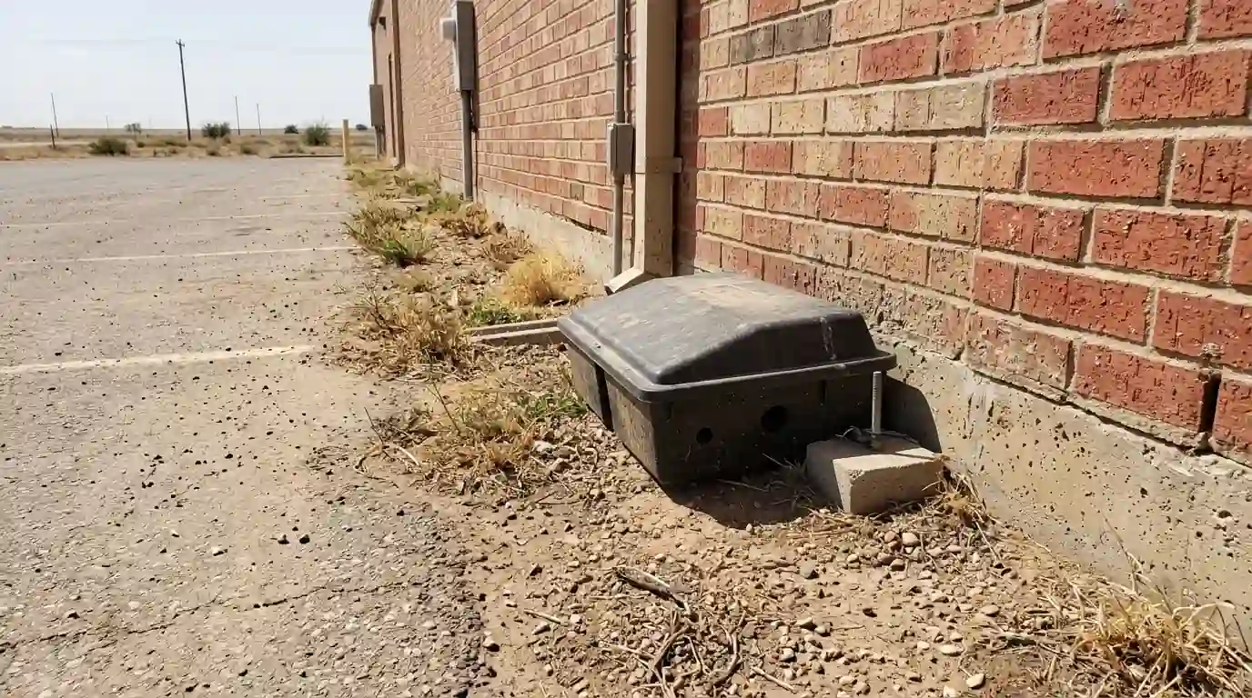 Rodent bait station secured along the outside wall of a retail building
