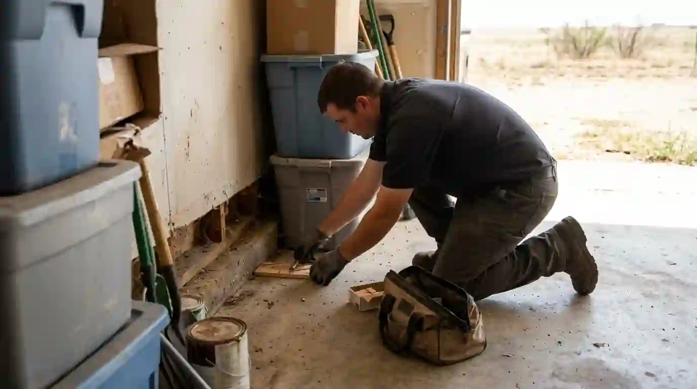 Technician setting snap traps along a garage wall behind stored bins