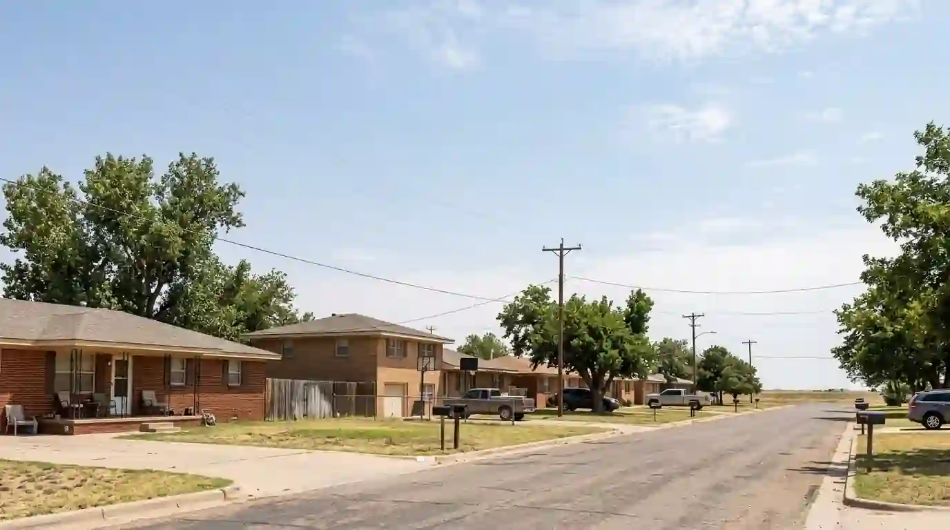 Residential street in Panhandle Texas with brick and frame homes