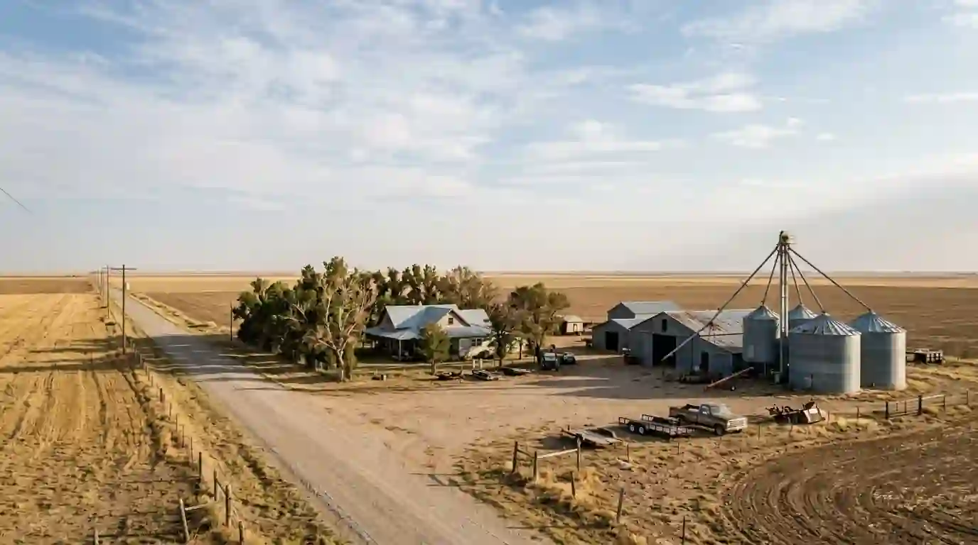 Rural Moore County Texas landscape near Dumas with farm homes