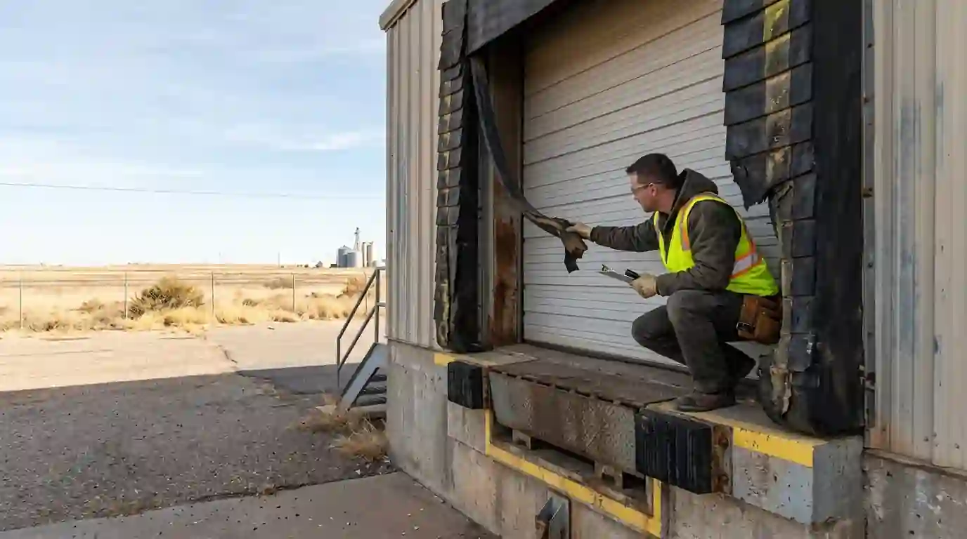 Technician inspecting the loading dock door seal of a small warehouse in Amarillo
