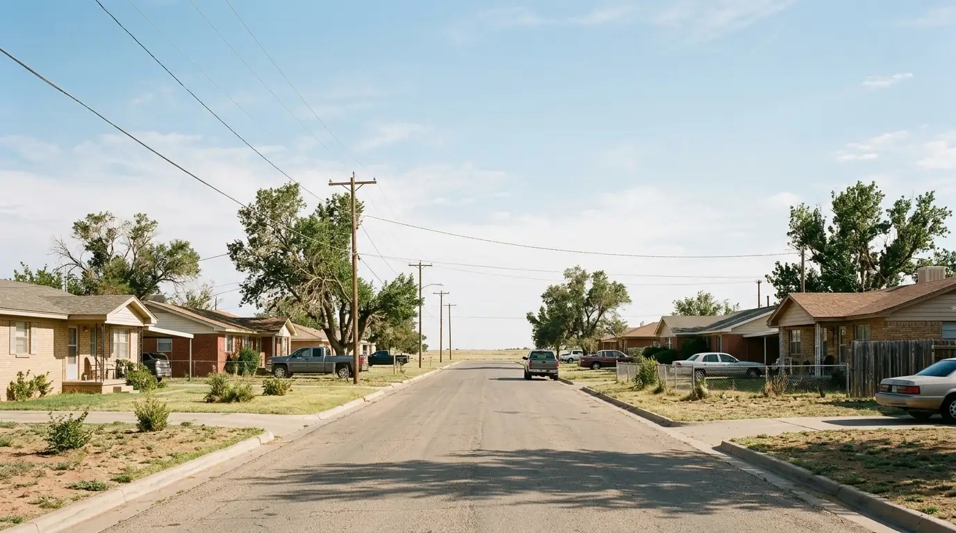 Residential street in Hereford Texas with brick and frame homes