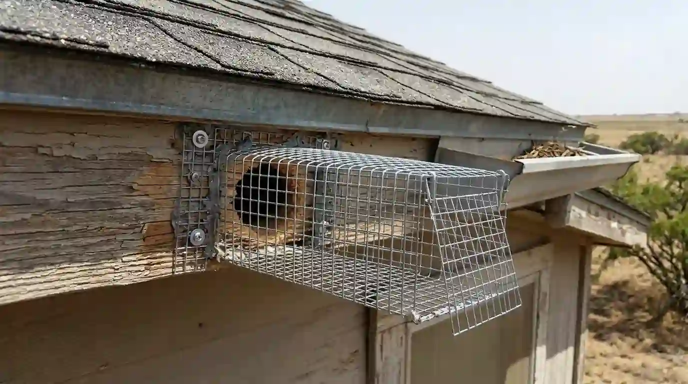 One-way exclusion door mounted over a squirrel entry hole at a roofline