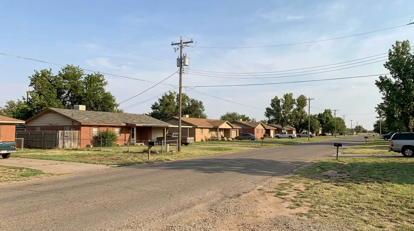 Residential street in Fritch Texas with brick and frame homes